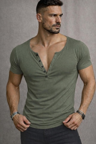 Özel Üretim Henley Yaka Düğmeli Açık Geniş Yaka Tişört T-shirt Haki