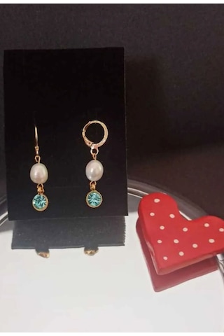 24k Altın Kaplama Gerçek İnci Zirkon Taşlı Mavi Tasarım Küpe Mavi Gold