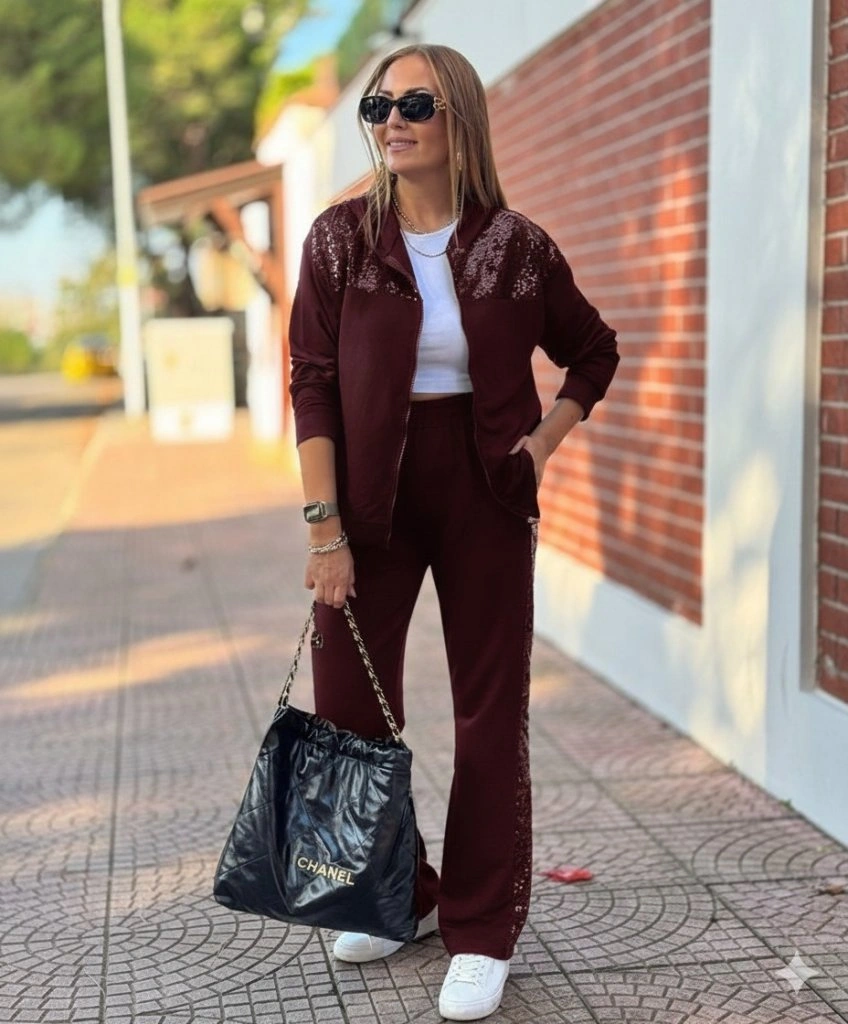 Tua Moda Kadın Uzun Kollu Önden Fermuarlı Pul Payetli Alt Üst Viskon Iki Iplik Takım Bordo