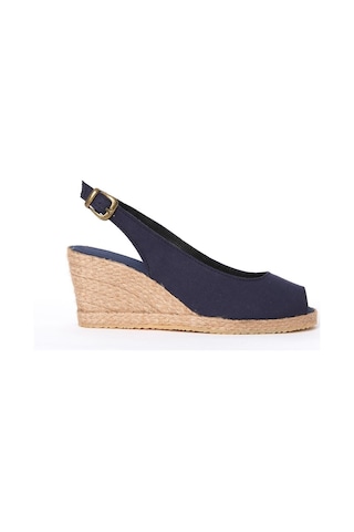 Star Tombis Gerçek Elişi Burnu Açık Arkası Bantlı Dolgu Topuk Lacivert Keten Hasır Espadril Handmade Lacivert
