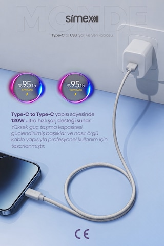 Simex 120w/67w/33w Usb To Type-c Ultra Turbo Hızlı Şarj Kablosu Xiaomi Uyumlu, Gri, 1 Metre