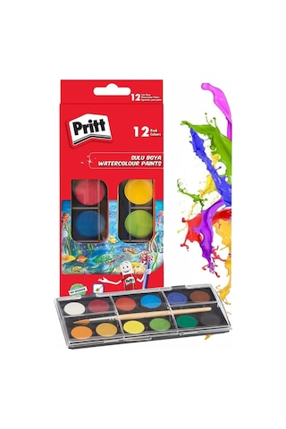 12 Renk Sulu Boya 1 Paket Fırça Hediyeli 12 Li Pritt Suluboya Canlı Renkler 28 Mm Boya Çapı Büyük Boy Çok Renkli