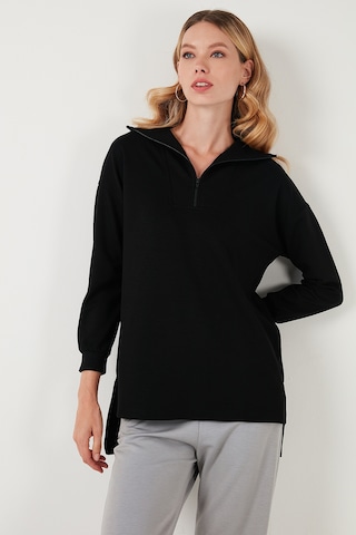 Lela Regular Fit Fermuarlı Yaka Önü Kısa Arkası Uzun Bayan Sweat 5865876 Siyah