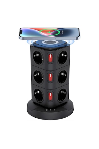 12 Prizli Güç Kulesi Akıllı Priz 3 Usb + Kablosuz Şarj 3680w Yüksek Güç