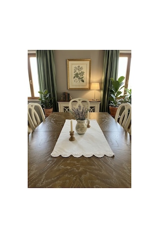 Beyaz Dantel Detaylı Masa Örtüsü Runner 90x47 Cm - Fransız Güpürlü