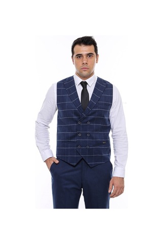 Wessi Kruvaze Yakalı Kareli Desenli Mavi Erkek Yelek 001