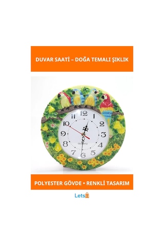 Renkli Papağanlı Polyester Duvar Saati Çok Renkli