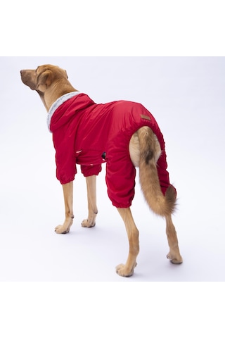 Kırmızı Kürklü Orta Büyük Tulum Yağmurluk Köpek Kıyafeti Köpek Yağmurluğu 18-40 Kg Arası Orta Büyük Irklar
