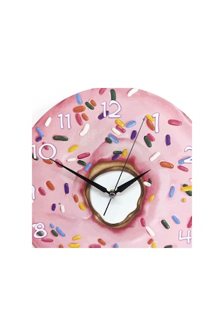 CajuArt Dekoratif Pembe Donut Yuvarlak Ahşap Duvar Saati Ahşap