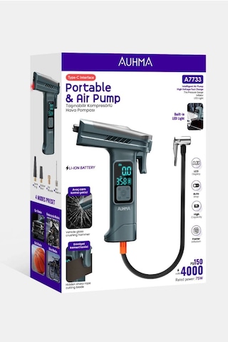 Araba Hava Pompası 4 Ü 1 Arada: Kompresör + Cam Kırıcı + Kemer Kesici + Led Işık Şarjlı 4000mah Araç Kompresörlü