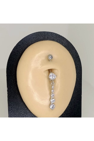 Aya Tasarım Gümüş Renk Dört Taşlı Model Göbek Piercing Gümüş