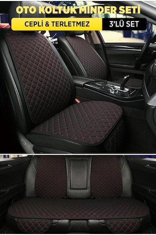 Organic Tay Tüyü Cepli & Terletmez Sırtlı Oto Koltuk Minder Seti - Koltuk Koruma Kılıfı Siyah Kırmızı 3'lü Set