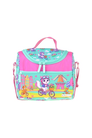 Kaukko Kids Kız Çocuk Bisikletli Kedi Baskılı Isı Yalıtımlı Okul Beslenme Çantası Yeşil - Pembe - L5329