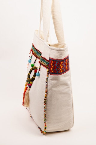 Fabric Craft Bag Omuz Çanta Bohem Detaylı Krem Kanvas 45x40 Cm Astarlı Günlük Çanta
