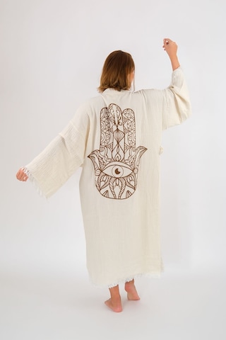Befera Müslin Kimono Pamuklu Fatma Ana Eli Baskılı Desenli Bornoz Kaftan Sabahlık Ekru