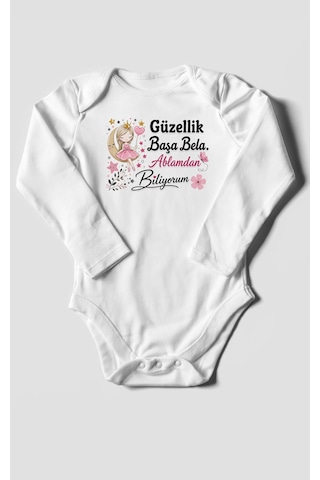 Morivokids Güzellik Başa Bela Ablamdan Biliyorum Uzun Kollu Bebek Body %100 Pamuk Beyaz