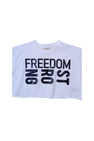 Çikoby Kız Çocuk Pamuklu Sıfır Yaka Kısa Kol Yazılı Crop Tshirt-12104 Beyaz