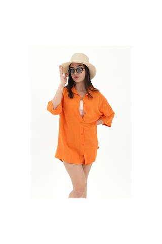 Pamuk Keten Şort Gömlek Kadın İkili Takım - Turuncu-turuncu Turuncu