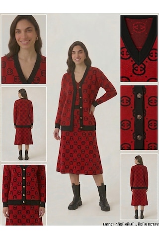 Guzelco Kırmızı Siyah Monogram Jakar Örme Triko Takım - Siyah Biyeli Düğmeli Hırka Ve Etek Set Kırmızı - Siyah