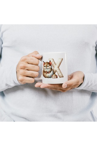 X Harfi Tasarım Bardak, Sevimli Hayvan Temalı Harf Bardağı Beyaz