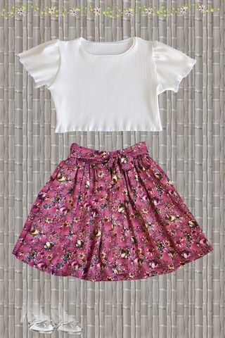 Çocuk Etekli Crop Takım, Gülkurusu Ton Etek - Ekru Crop Ekru-gulkurusu3 Ekru - Gülkurusu