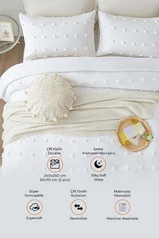 Evlen Home Pamuklu Emmy Yatak Örtüsü Seti Günlük Çift Kişilik Boho 3 Parça Dolgulu Tufting Beyaz Beyaz