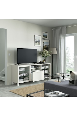 Tv Sehpası, Beyaz-şeffaf Cam, 180x42x74 Cm, Hanvıken/sındvık, Çıt Çıt Raylı Beyaz
