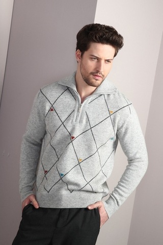 Ferraro A.Gri Fermuarlı Dik Yaka %100 Kuzu Yünü Erkek Kazak Açık Gri (536161083) Açık Gri