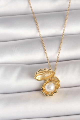 316l Çelik Gold Renk Zincir Açılır İncili Midye Model Kadın Kolye Çok Renkli