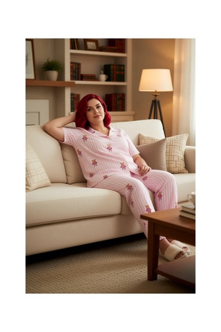 Ersefa Kadın Yıldızlı Melanj Örme Pijama Takımı Gömlek Yaka Fonksiyonel Pembe