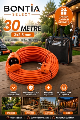 30 Metre Uzatma Kablosu 3x2.5 Mm Topraklı Cca Kablolu Tekli Grup Priz Kapaklı Monofaze Ev Tipi Uzatma Kablosu Taşıma Çantalı 15 M Ve Üzeri
