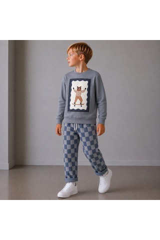 Kaykaycı Ayı Baskılı Sweatshirt Ve Dama Desenli Pantolon 2iplik Erkek Çocuk Alt Üst Takım Gri