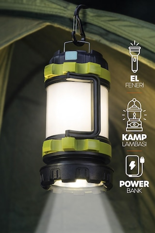 6 Mod Şarjlı Kamp Lambası El Feneri Powerbank Özellikli Su Geçirmez Led Işıldak Yeşil 47703 Gri