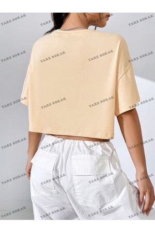 Flood Of Style Crop Ckod-232913 Çiçek Ve Slogan Grafikli Düşük Omuz Kısa Turuncu