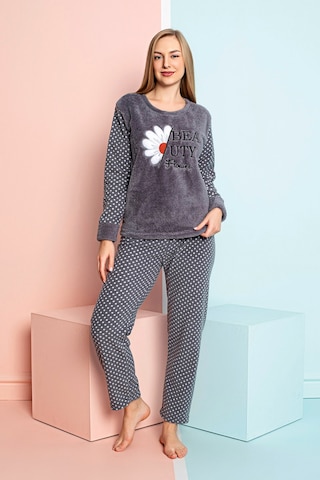 Nisanca Kadın Basic Kışlık Pijama Takımı Uzun Kollu Yumuşak Dokulu Bisiklet Yaka Rahat Kesim Jogger Paça 2'li Ev Giyim Takımı Füme
