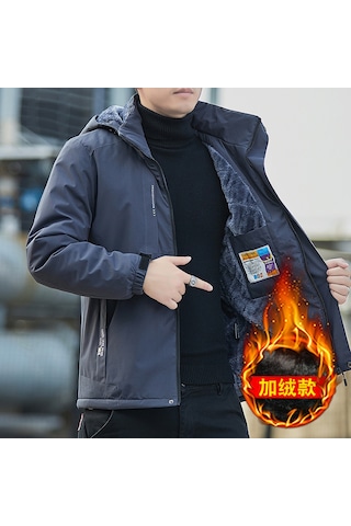 Erkek Sonbahar/kış Kadife Astarlı Rüzgar Geçirmez Ve Su Geçirmez Ceket Koyu Gri