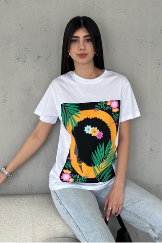 Femelle Kadın Beyaz Baskılı Pamuk Tişört - B029