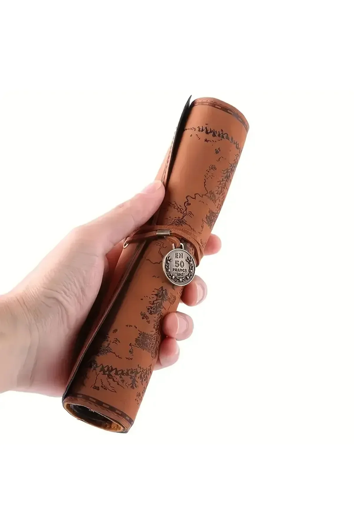 Yaratıcı Hazine Haritası Retro Kalem Kutusu Deri Büyük Kapasiteli Rulo Kalem Çantası Mat Koyu Kahverengi