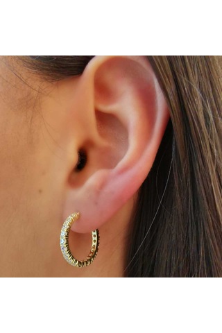 Halka Gümüş Küpe Zirkon Taşlı Gold Orta