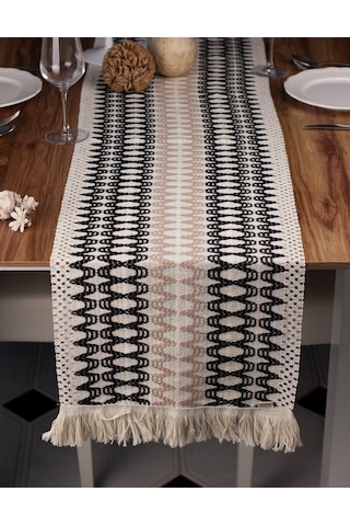 Pamuk Örme Püsküllü Siyah-kahve Dantel Runner 35x145 Cm