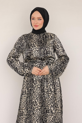 Armine Trend Leopar Desenli Beli Kemerli Elbise Siyah 24kt904 Siyah