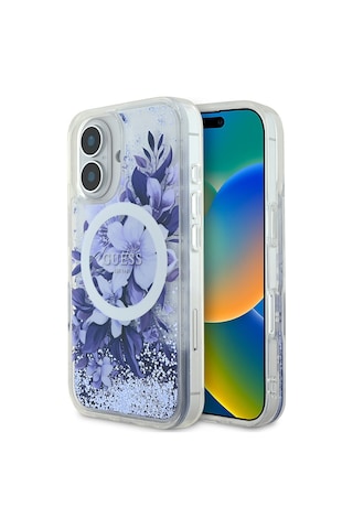 Apple Uyumlu iPhone 16 Plus Kılıf Guess Lisanslı Magsafe Şarj Özellikli Sıvılı Simli Çiçek Desenli Mor