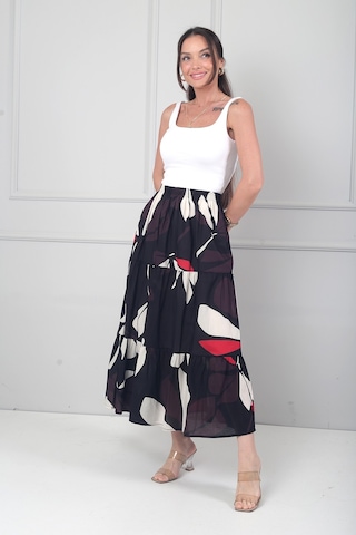 By Saygı Kadın Beli Lastikli Astarlı Çiçek Desenli Fırfırlı Midi Cotton Etek Siyah