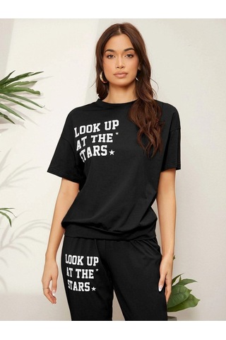 Clayes The Stars Ribana 2li T-shirt Eşofman Altı Jogger- Siyah Alt Üst Eşofman Takım Oversize Bisiklet Yak Siyah