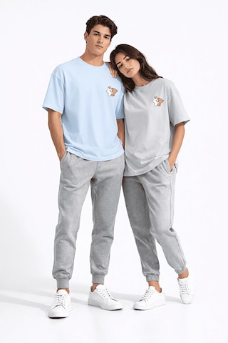 Sevgili Kombini Ayıcık Baskılı Çift Tişört Oversize Unisex Partne Mavi