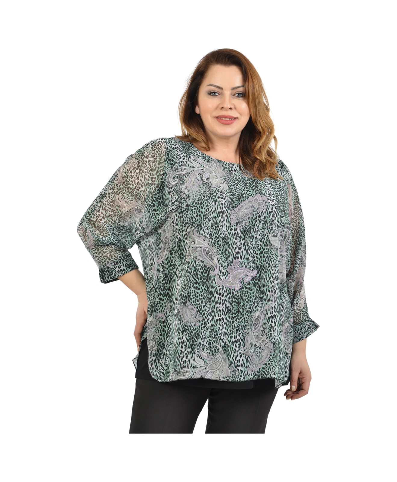 Lilas Xxl Büyük Beden Yeşil Renkli Desenli Şifon Bluz Yeşil