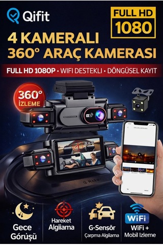 4 Kameralı 360 Döngüsel Kayıt Full Hd 1080p Araç İçi Kamera - Wifi Cam, Park Modlu, Gece Görüşlü Wdr Teknolojisi Ve Yol Kayıt Cihazı