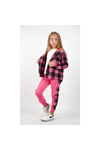 Esila Kids Ekose Desenli Kız Çocuk Pamuklu Örme Üçlü Takım Fuşya