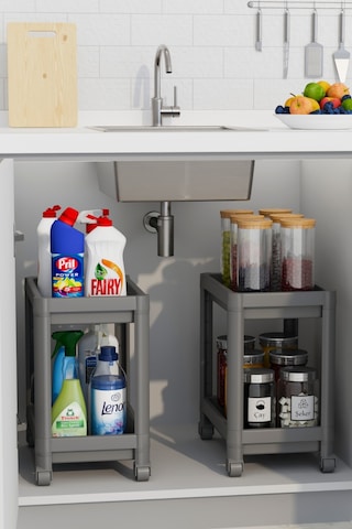Mithra Life 2 Adet 2 Katlı Tekerlekli Tezgah Altı Gri Banyo Mutfak Rafı Mıt1124 Gri