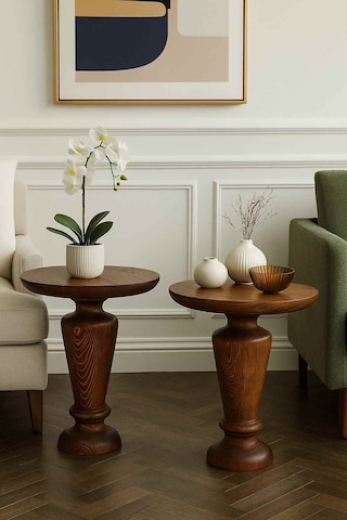 Masif Ahşap 2 Li Yan Sehpa Seti Meşe Renk Doğal Zigon Takımı Meşe